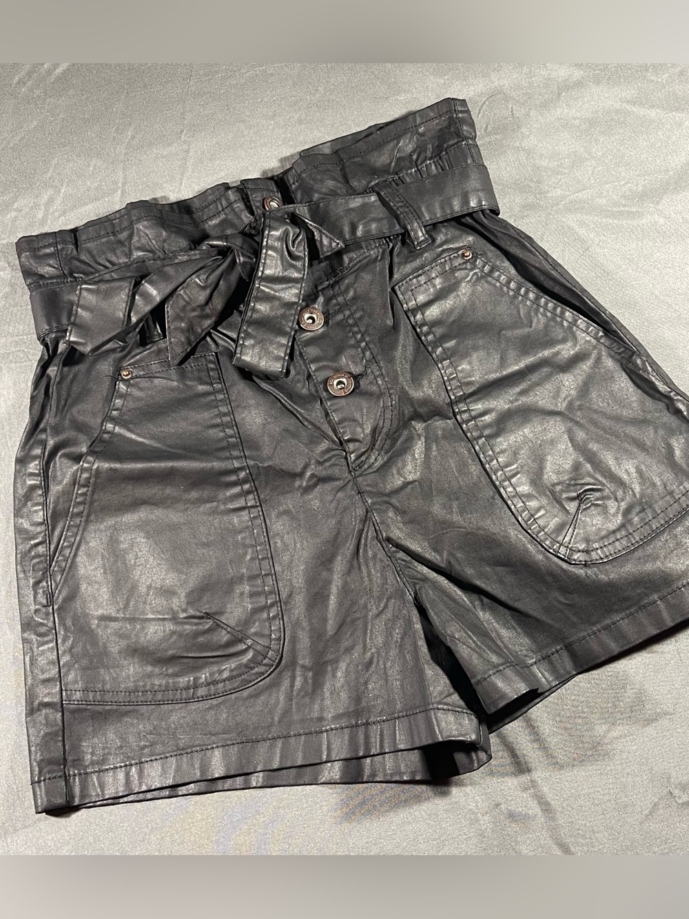 Zara Black Faux Leather High-Waist Paperbag Shorts with Tie